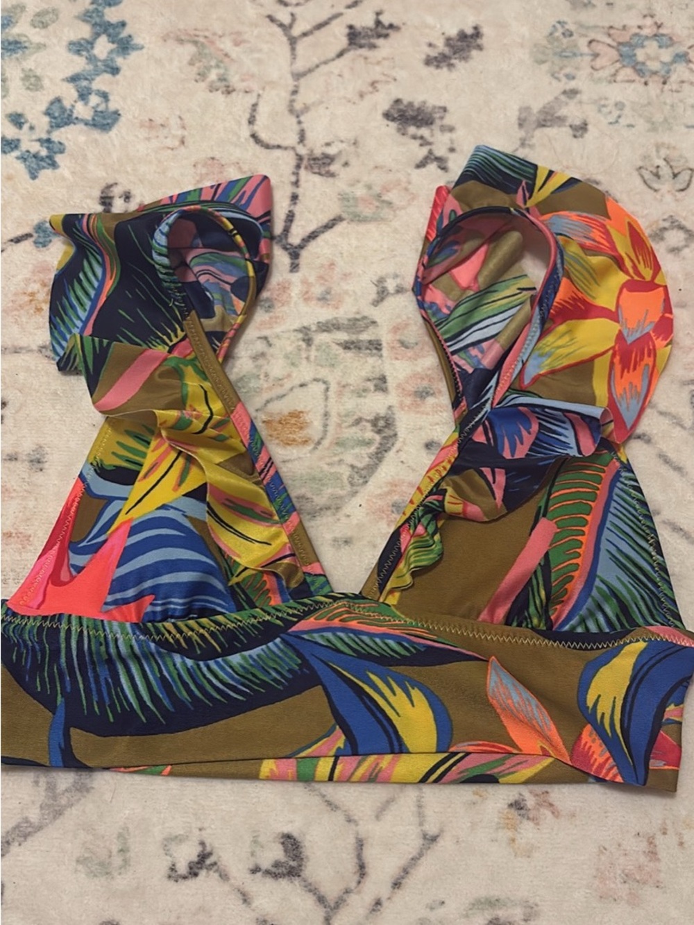 aerie Olive Multi Tropical Ruffle One-Piece. New! XS. Top only.